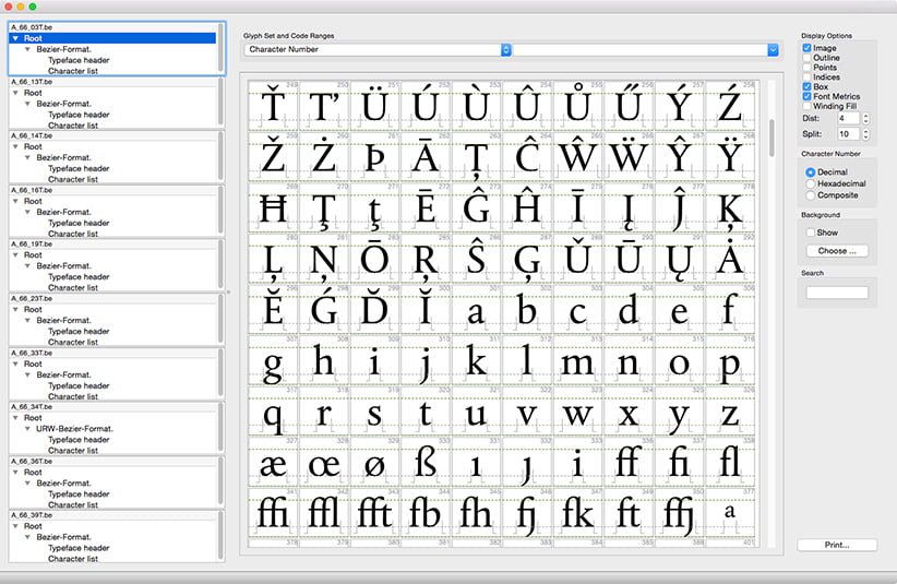 Font overview (detail) of DTL Albertina Book